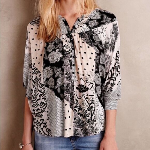 ANTHROPOLOGIE MAEVE Linden Floral Patchwork Dolman Popover Blk/Blu/Wht Size Med - Picture 2 of 8